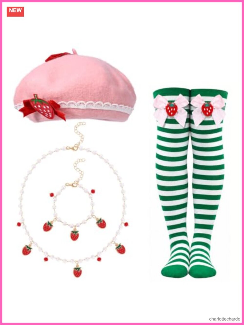4 Pc Halloween Strawberry Costume Set Beret Thigh High Socks Necklace Bracelet